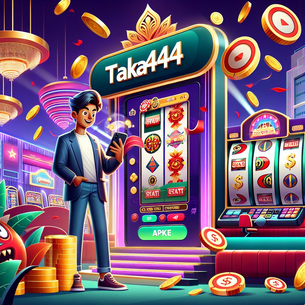 Taka4444 casino cartoon character holding chips and a phone with slot reels and coins